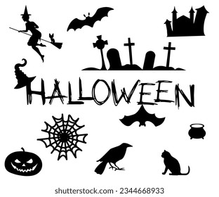 black and white set for Halloween. Pumpkin,witch,grave,bat,castle,cat,spider web,potion,crow.