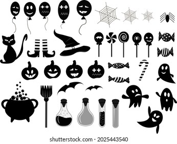 Black and white set for halloween. Vector illustration with holiday attributes - potion, hat and cat, ghost, candy and balloons. For holiday decoration, prints, packaging, postcards, design of various