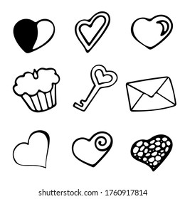 Black and White Set de la mano dibuja corazones, tarta, llave y sobre. Ilustración De Un Símbolo De Corazón Plano. Colección Amor Emblem. Diseño gráfico en el concepto del amor. Símbolo de amor para San Valentín.