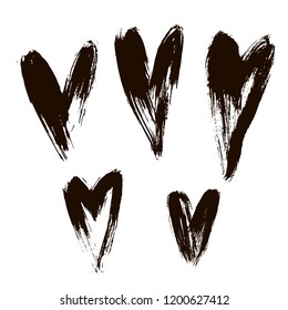 Black and white set of hand drawn brush hearts. Cute ink illustration