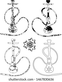 black and white set of hand drawn handmade isolated hookahs in various designs emblems icons for cafe leaflets logo smoke