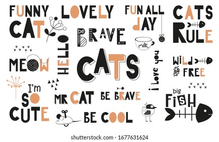 Black and white set of hand drawn cats quotes, phrases and words. Graphic design for t-shirt, posters, greeting cards. Vector illustration. Funny cats theme.
