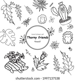 Black and white set of hand drawn houseplants and floral arrangements for decorative paper, gift cards, textile, covers of notebooks and other painted materials. Vector isolated set.