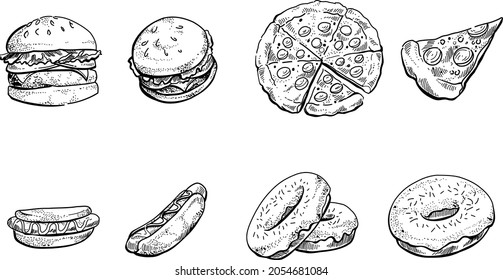 Black and white set of hand drawn fastfood