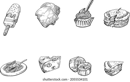 Black and white set of hand drawn illustrations of food