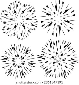 Black and white set of hand drawn sunburst or starburst vector design.