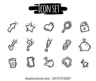 Black and white set of hand drawn icons of communication, business, social media. Vector elements for website, design