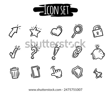 Black and white set of hand drawn icons of communication, business, social media. Vector elements for website, design