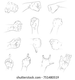 Black and white set of hand gestures on a white background.