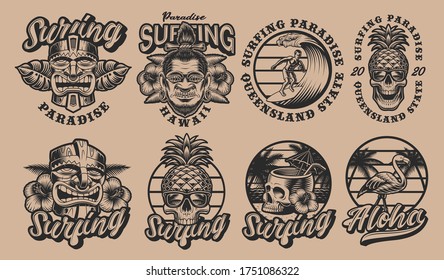 Black and white set Hawaii surfing illustrations on a light background. These vector are perfect for logos, shirt prints and many other uses as well.