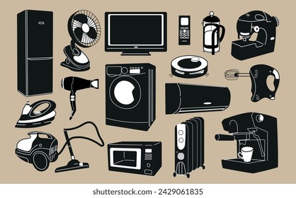 Black and white set of household and kitchen appliances. Microwave oven, washing machine, refrigerator, coffee machine, vacuum cleaner, iron, blender, etc.. Vector isolated illustration.