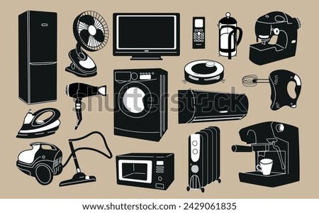 Black and white set of household and kitchen appliances. Microwave oven, washing machine, refrigerator, coffee machine, vacuum cleaner, iron, blender, etc.. Vector isolated illustration.