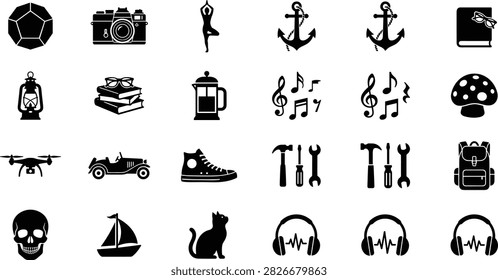 Black and white set of human activities and including music dance sports technology and travel human figures