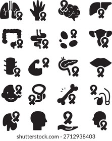 Conjunto blanco y negro de los iconos del órgano del cuerpo humano combinado con las cintas de la conciencia del cáncer aisladas en el fondo blanco, Vector, ilustración