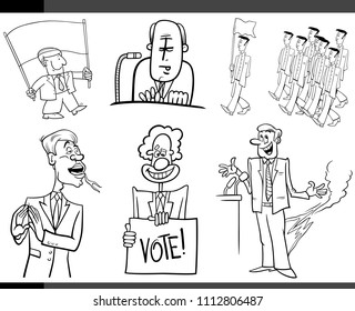 Black and White Set of Humorous Cartoon Concept Illustrations of Politics and Politicians