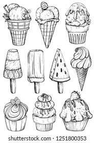 Black and white set of ice cream. Vector illustration