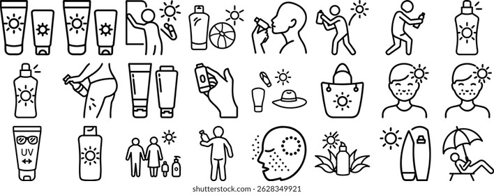 Black and white set icon illustrations showing various elements related to sun protection and skincare in summertime.