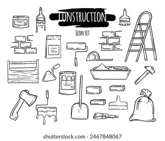 Conjunto en blanco y negro de iconos de construcción, reparación, materiales y herramientas. Ilustración de Ilustración vectorial editable