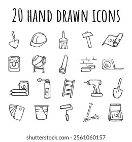 Black and white set of icons of construction, repair, tools and materials. Vector signs and symbols for design, banner, website, decoration
