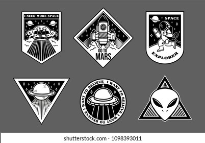 Black white set icons with different patches stickers on topic space explore alien ufo spaceship mars astronaut. Modern vector style mascot logo trendy print for clothes t shirt sweatshirt poster.