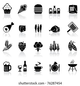 black and white set icons with reflection - food and beverages