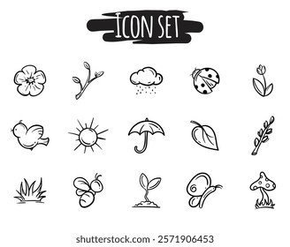 Black and white set of icons related to spring, nature, season, plants and insects. Simple vector signs and symbols for website, application, banner, flyer. Editable Design Elements