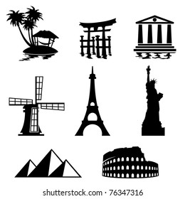 black and white set icons - travel and landmarks