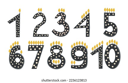 Black and white Set of isolated burning number shaped candles for celebration. Birthday numbers. 