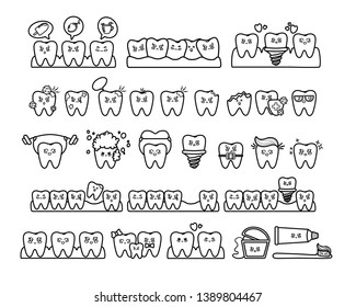 Black and white set of kawaii teeth, dentistry tools, with different emodji, cute cartoon characters - treatment and oral, dental hygiene, dental care concept. Vector flat illustration