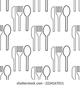 Black and white set of kitchen utensils. Cutlery seamless pattern. Fork, spoon and knife.