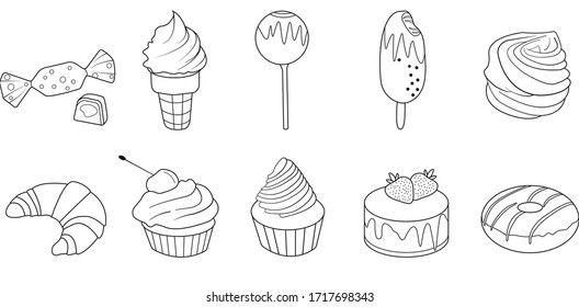 Black and white set of linear desserts: candy, ice-cream, lollipop, marshmallows, croissant, cupcake with cherry, 
cream cupcake, donut, strawberry cake. Minimalism. 