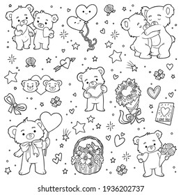 Black and white set of love bears. Vector cartoon Valentines day character collection