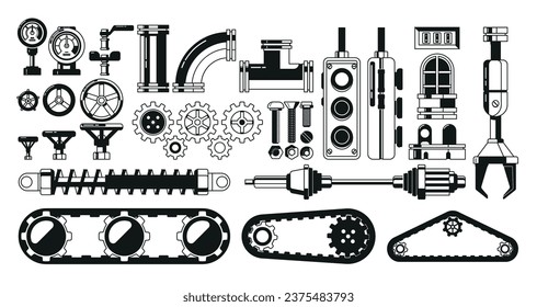 Black And White Set Of Machine Parts. Chain Drive, Pipeline Manometer, Shock Absorbers, Metal Pipes, Manipulator, Valves