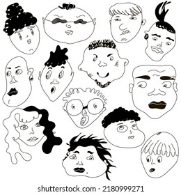 Black and white set with male and female faces, characters with hairdo, illustration of characters and emotions. Vector drawing on a white background, doodle style, hand drawn. Wallpaper, print.