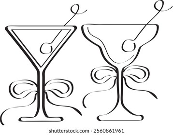 black and white set with martini glasses and a bud glass with berries drawn in outline, design for valentine's day