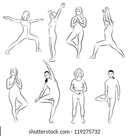 Black and white set of meditation poses. Characters are outline stylized