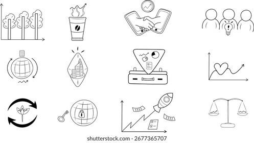 Black and white set of minimalistic abstract icons symbolizing various aspects of modern business and esg standards. Template for websites, presentations and infographics.