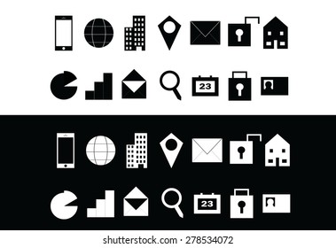 Black and white set of modern communication web icons for business cards, presentations, templates, and other design  - two versions provided for quality on both light and dark backgrounds