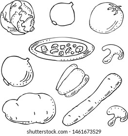 Black and white set. Mushroom soup with cabbage. Composition.