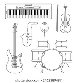 Conjunto en blanco y negro de instrumentos musicales de diferentes tipos, guitarra, saxofón, violín, sintetizador, batería. Ilustración vectorial aislada para el ícono de la tienda de música, tienda de instrumentos musicales, curso de música.