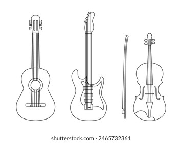 Black and white set of musical instruments of different types, guitars, acoustic guitar, violin. Isolated vector illustration for music store icon, musical instrument store, music course, poster.