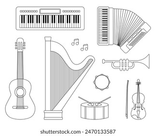 Black and white set of musical instruments of different types, guitar, trumpet, violin, synthesizer, drum, harp, accordion. Isolated vector illustration for music store icon, musical instrument store.