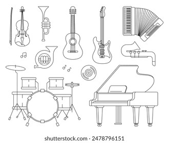 Black and white set of musical instruments of different types, guitar, trumpet, violin, piano, drum, accordion. Isolated vector illustration for music store icon, musical instrument store.