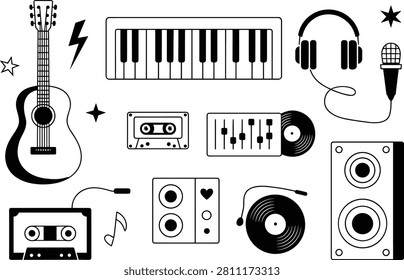 Black and white set of musical instruments and audio equipment featuring a guitar keyboard headphones microphone cassette tapes vinyl record player and speakers on a plain white background
