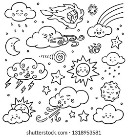 Black and white set of nature objects. Vector cartoon collection of weather icons - sun, clouds, rainbow, moon