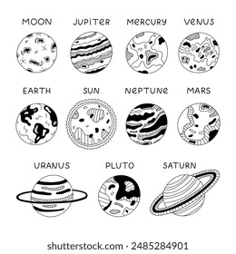 Black and white set with outline stars, planets of Solar System. Hand drawn doodle with astronomy celestial bodies for kids learning, school infographic, universe placard. Cute Sun, Moon, Earth, etc.