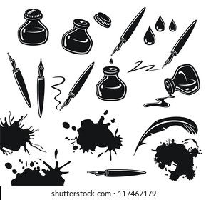 Black and white set with pens, ink pots and spills