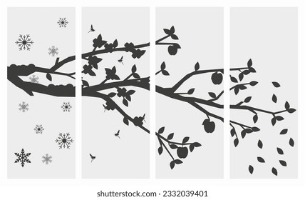 Black and white set of pictures of the four seasons of the year. Tree four times a year in spring, summer, autumn and winter vector illustration. EPS 10.