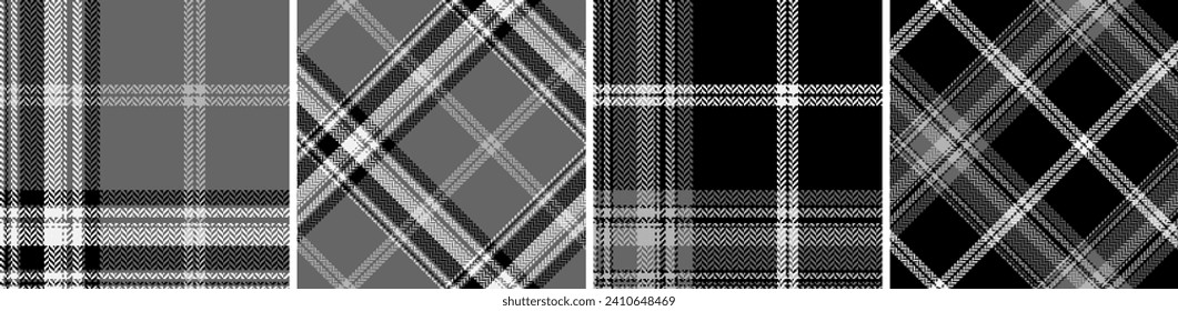 Black with white set plaid seamless. Straight and oblique cage pattern modern fashion herringbone texture. Vector graphics of printing on fabrics, shirts, textiles, curtains.