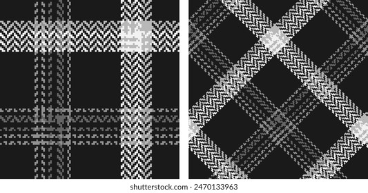 Black with white set plaid seamless. Straight and oblique cage pattern modern fashion herringbone texture. Vector graphics of printing on fabrics, shirts, textiles, curtains.